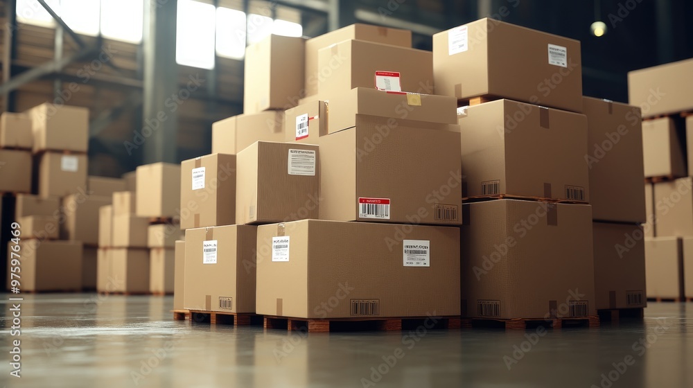 Stack of cardboard boxes with shipping labels and fragile stickers in a warehouse setting, ready for delivery Stack of cardboard boxes with shipping labels and fragile stickers in a warehouse setting, ready for delivery