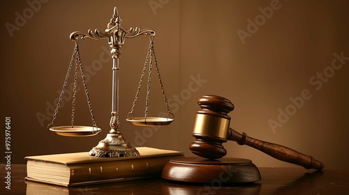 Golden Scales of Justice and Gavel on a Wooden Table