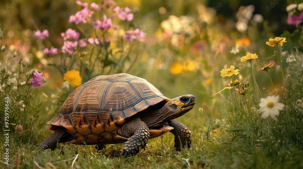 A turtle walking through a grassy field, with flowers blooming in the background A turtle walking through a grassy field, with flowers blooming in the background