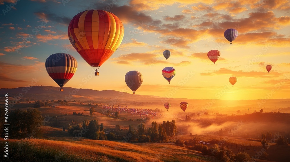 Fototapeta premium Sunrise over a hot air balloon festival, with colorful balloons rising against a warm, golden sky and rolling hills below