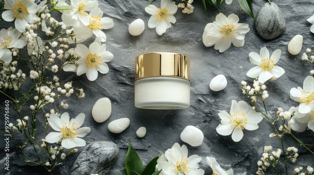 Top view of a luxurious cream jar with gold lid, surrounded by white flowers and natural stones for a spa theme Top view of a luxurious cream jar with gold lid, surrounded by white flowers and natural stones for a spa theme