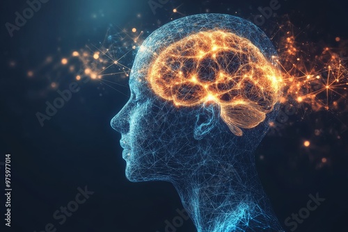 Abstract representation of a glowing neural brain in a profile view symbolizing the exploration of thought and the neural complexity of human intelligence within a digital world