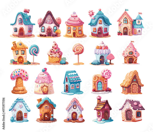 Sweet candy houses cartoon vector set. Cake cookie caramel lollipop chocolate berry ice cream cute fantasy desert tiny homes candyland confectionery, illustration isolated on white background