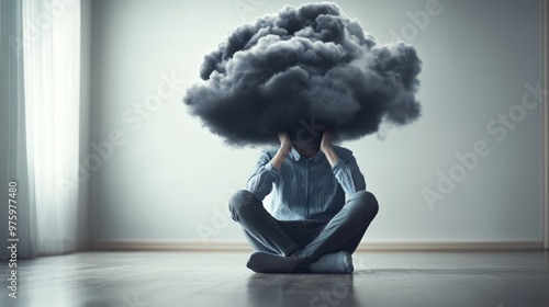 A visual metaphor for mental illness, showing a person with a heavy, dark cloud hanging over their head, sitting in an empty room, symbolizing depression and anxiety as invisible disease