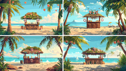 Tiki beach tavern cartoon vector visuals. Wooden hut palm snacks drinks cocktails sand seaside native masks bar tropical summer coast shoreline vacation concepts