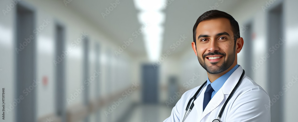 Portrait of friendly male doctor in workwear with stethoscope on neck posing with folded arms in clinic interior, looking and smiling at camera, copy space Portrait of friendly male doctor in workwear with stethoscope on neck posing with folded arms in clinic interior, looking and smiling at camera, copy space