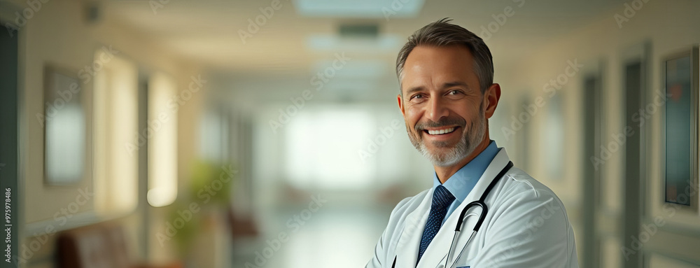 Portrait of friendly male doctor in workwear with stethoscope on neck posing with folded arms in clinic interior, looking and smiling at camera, copy space