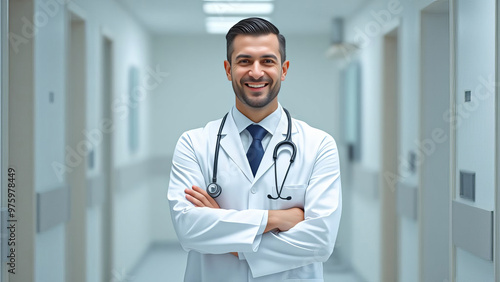 Portrait of friendly male doctor in workwear with stethoscope on neck posing with folded arms in clinic interior, looking and smiling at camera, copy space