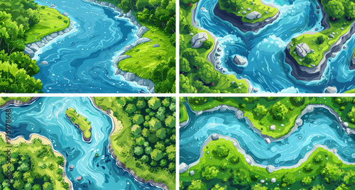 Top view spring river cartoon vector scenes. Winding azure water ripples shoreline boulders trees leaves grass meadow canyon liquid panoramic concepts