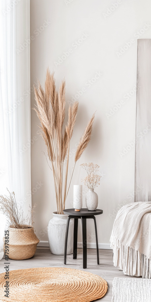 Cozy modern living space featuring pampas grass and neutral decor in a bright, airy room during daylight hours Cozy modern living space featuring pampas grass and neutral decor in a bright, airy room during daylight hours