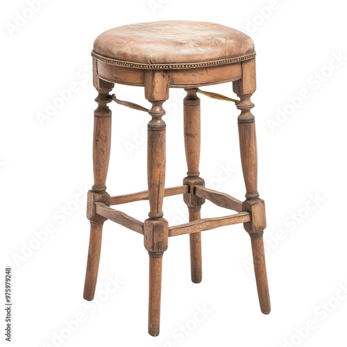 Rustic wooden stool with a plush leather seat, perfect for home decor or bar settings.