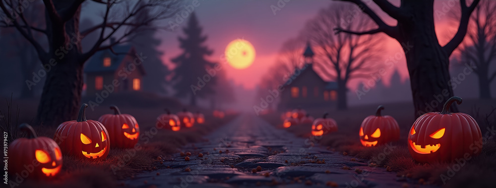 Spooky Halloween Path with Jack-o-Lanterns and Glowing Moon Spooky Halloween Path with Jack-o-Lanterns and Glowing Moon