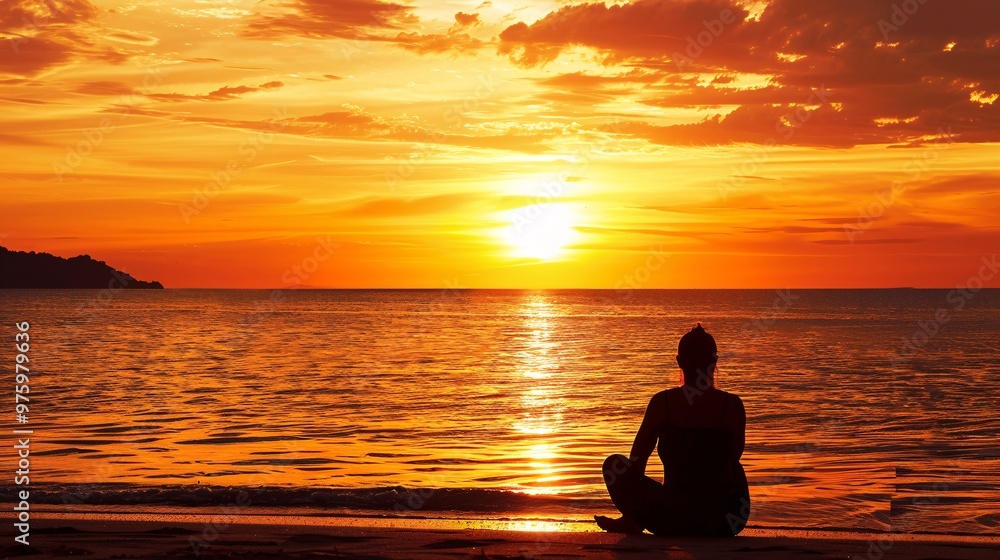Silhouette of a person sitting alone on a beach at sunset, contemplating life and inner thoughts Silhouette of a person sitting alone on a beach at sunset, contemplating life and inner thoughts