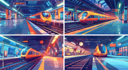 Train railway station cartoon vector concepts. Locomotive wagons high speed carriage rail subway vehicle traveler routes depot passenger express terminal illustrations