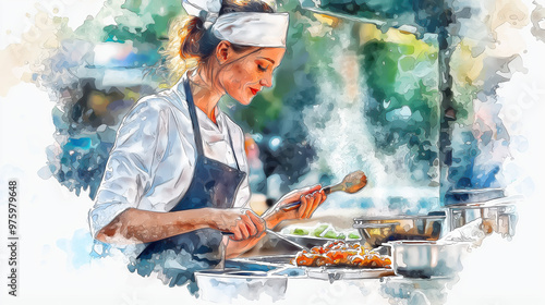 A talented chef meticulously preparing delicious dishes in a vibrant outdoor kitchen setting, showcasing passion and creativity. photo