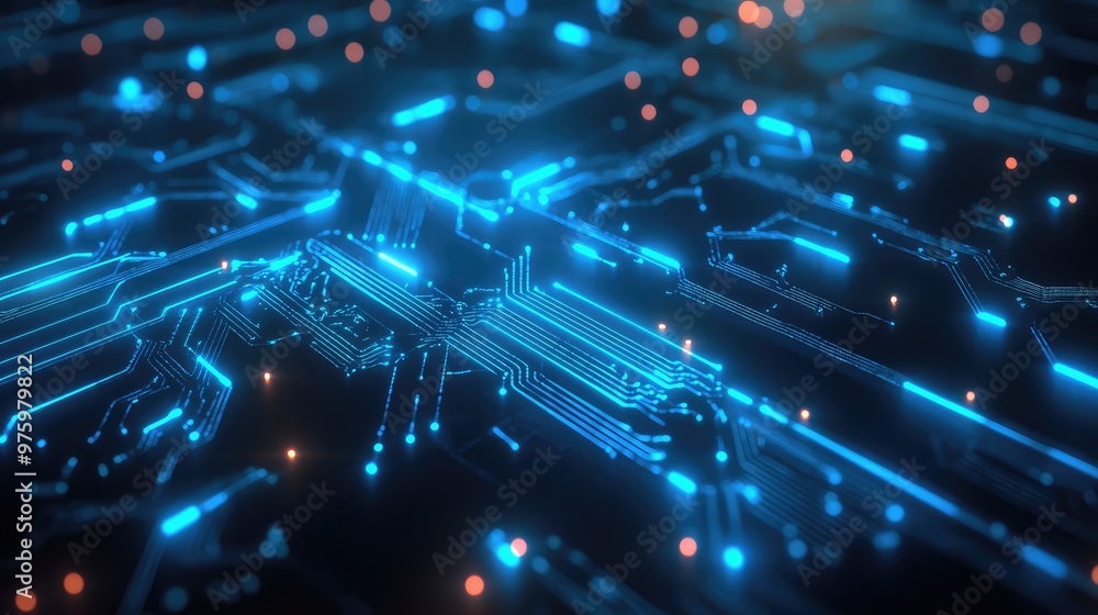 Abstract circuitry with glowing nodes and intersecting pathways in blue tones. Abstract circuitry with glowing nodes and intersecting pathways in blue tones.
