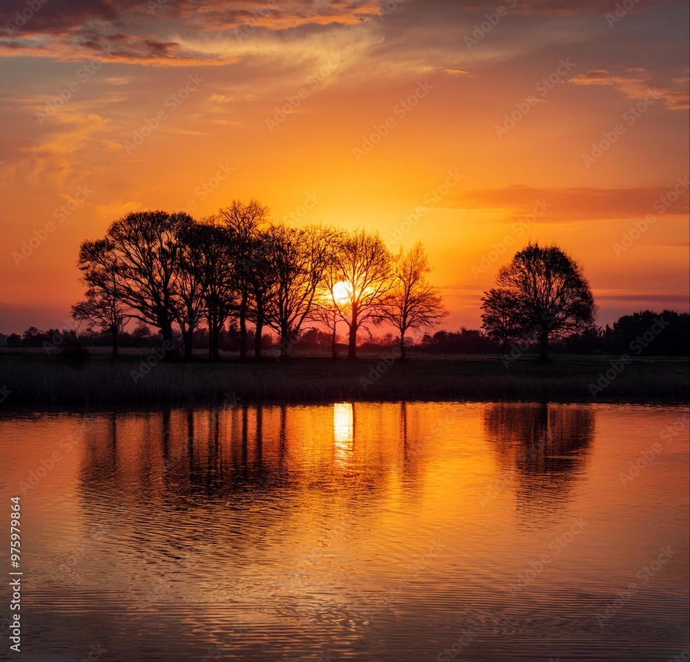 At dusk in the landscape and trees, you can enjoy a full view of the orange sunset over At dusk in the landscape and trees, you can enjoy a full view of the orange sunset over