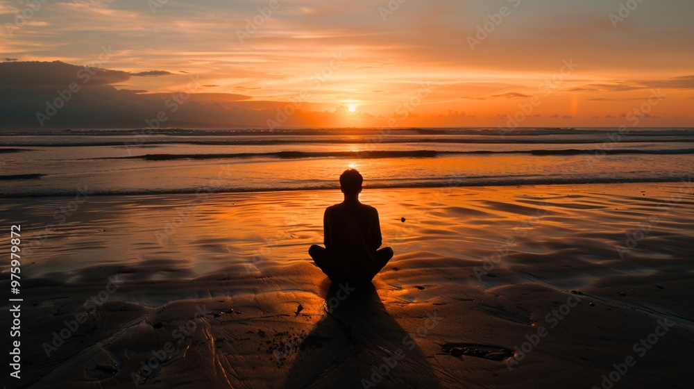 Silhouette of a person sitting alone on a beach at sunset, contemplating life and inner thoughts Silhouette of a person sitting alone on a beach at sunset, contemplating life and inner thoughts