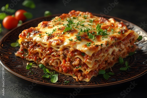 A delicious and cheesy lasagna with layers of pasta, meat sauce, and melted cheese on a dark plate with fresh herbs.