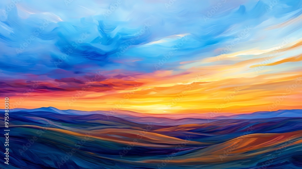 A breathtaking panoramic view of a vibrant sunset over rolling hills A breathtaking panoramic view of a vibrant sunset over rolling hills