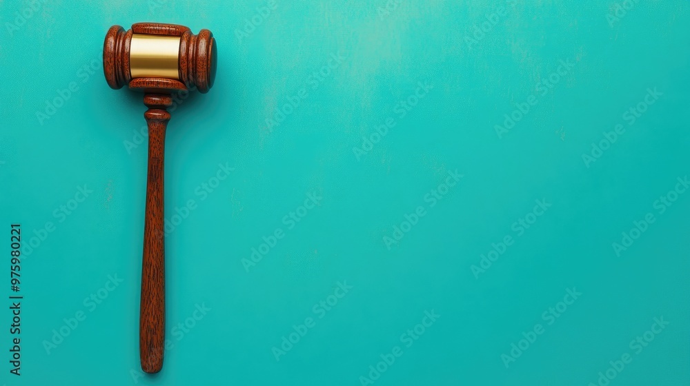Wooden judge's gavel on a clean turquoise background, highlighting the symbol of law and order. Wooden judge's gavel on a clean turquoise background, highlighting the symbol of law and order.