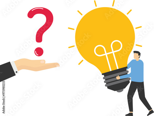 Male hand holding question mark with other reply with light bulb. Question and answer, solving problem.

