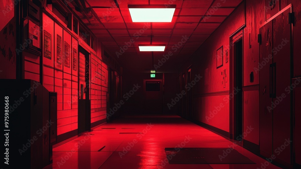 Dimly Lit Corridor With Red Lighting in an Atmospheric and Eerie Setting Dimly Lit Corridor With Red Lighting in an Atmospheric and Eerie Setting