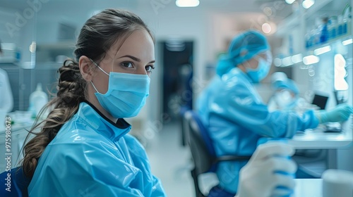 Female Scientist in a Lab Wearing a Face Mask and Protective Gear