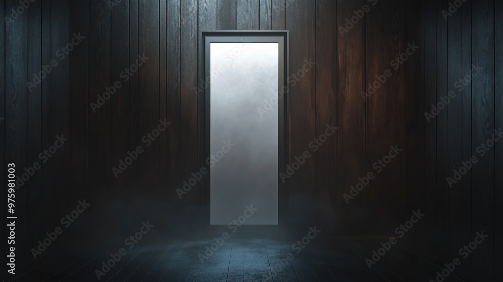 A dark room with a door that is open and has a foggy mist surrounding it. The room is empty and the door is the only thing visible A dark room with a door that is open and has a foggy mist surrounding it. The room is empty and the door is the only thing visible