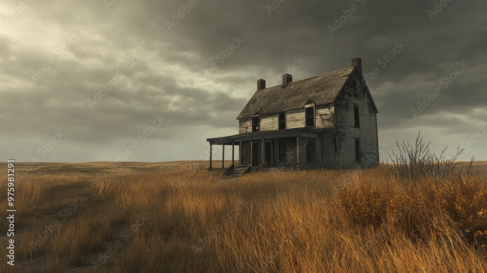 A large, old house sits in a field of tall grass. The sky is overcast and the house appears to be abandoned A large, old house sits in a field of tall grass. The sky is overcast and the house appears to be abandoned
