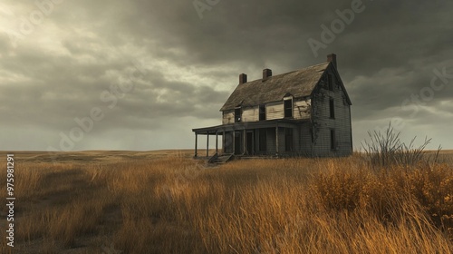 A large, old house sits in a field of tall grass. The sky is overcast and the house appears to be abandoned