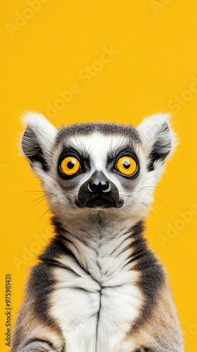 Ring-tailed lemur portrait on yellow background