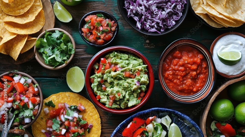 A table full of Mexican food including guacamole, salsa, and chips. The table is set for a party or gathering A table full of Mexican food including guacamole, salsa, and chips. The table is set for a party or gathering