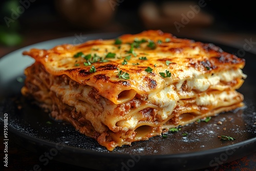 Wallpaper Mural A close-up shot of a portion of lasagna on a black plate, garnished with parsley. The lasagna is made with layers of pasta, meat sauce, and cheese. It has a golden-brown crust on top. Torontodigital.ca