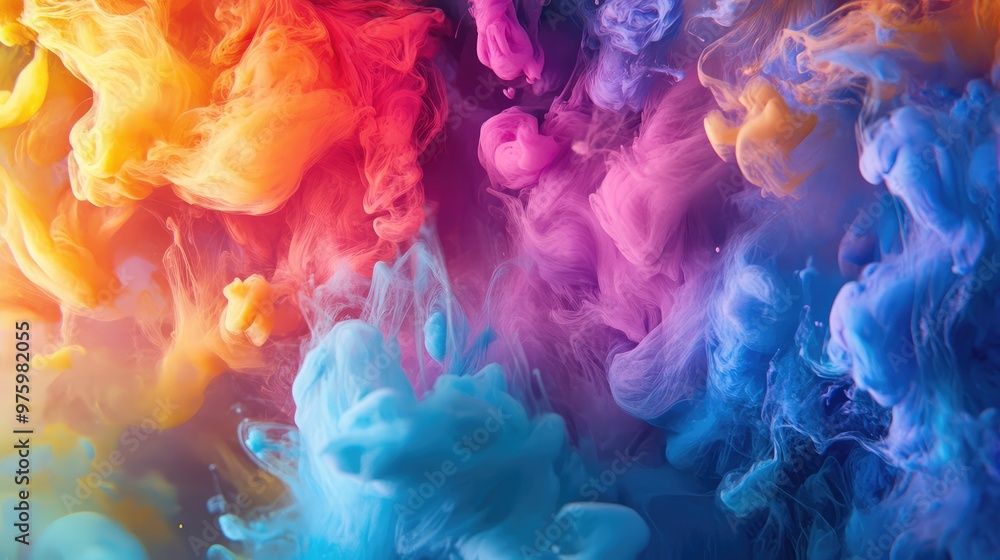 Colorful ink drops merging into swirling clouds of hues in a water-like texture. Colorful ink drops merging into swirling clouds of hues in a water-like texture.