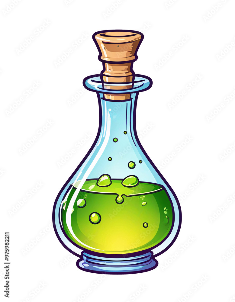 Magic potion with green liquid and bubbles in bottle on white or transparent background Magic potion with green liquid and bubbles in bottle on white or transparent background