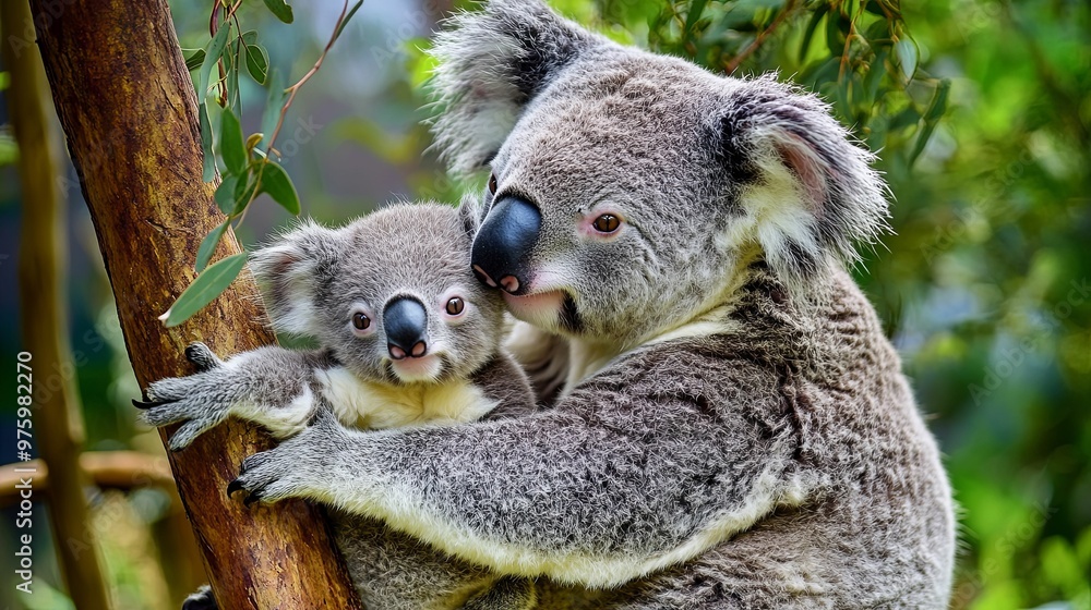Naklejka premium A Mother Koala Protecting Her Joey in a Tree