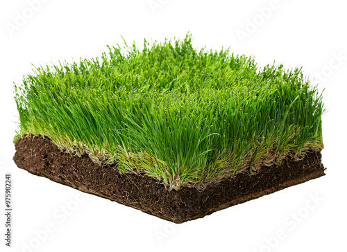 A sod of grass isolated. Squared piece of ground and soil photo