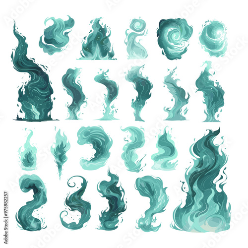 Verdant green vfx fire cartoon vector bundle. Tornado emerald flames whirlwind swirls untainted energy coils neon breeze vortex might haze atmospheric flows artwork isolated on white backdrop