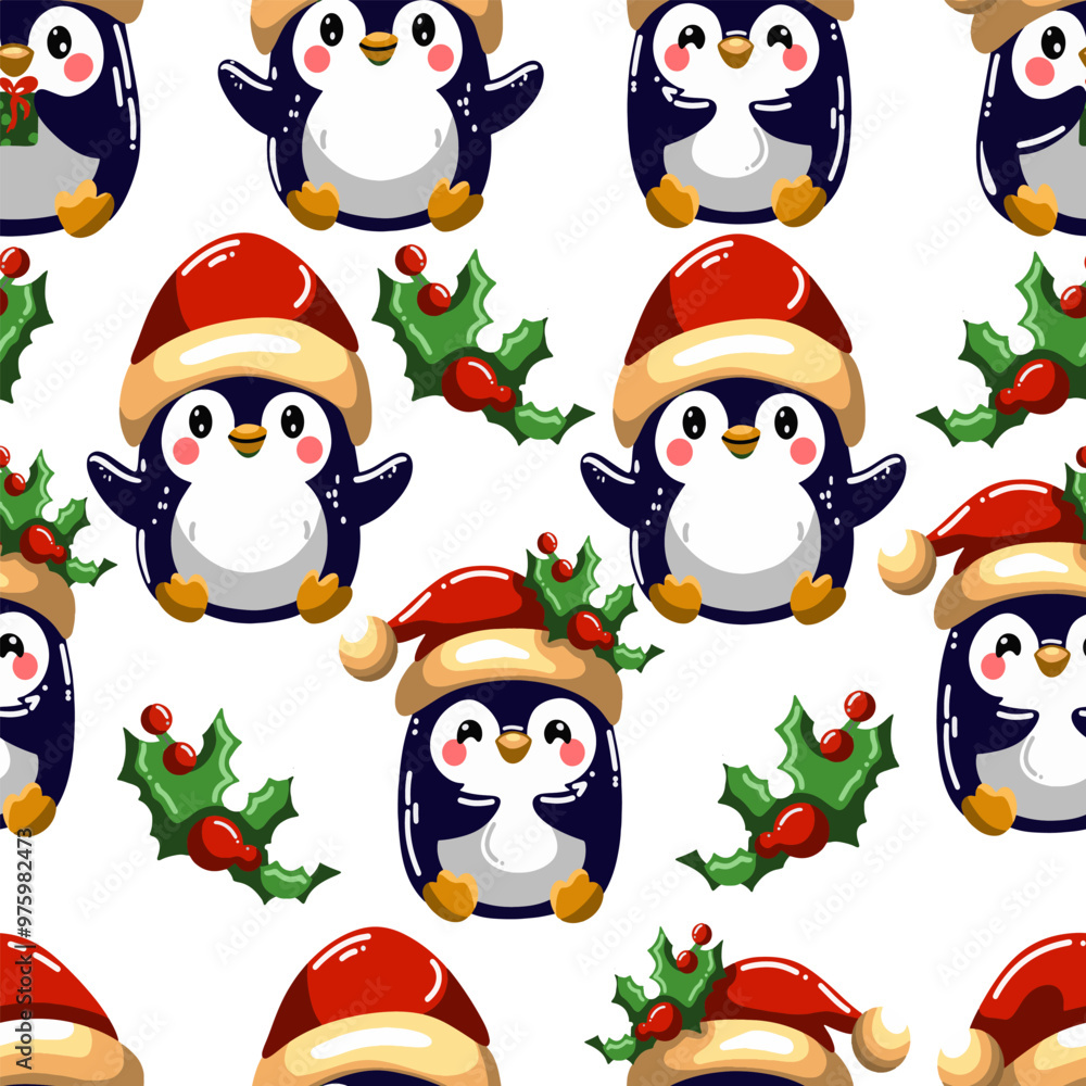 Seamless pattern of cute penguims for Christmas and New Year deecorations Seamless pattern of cute penguims for Christmas and New Year deecorations