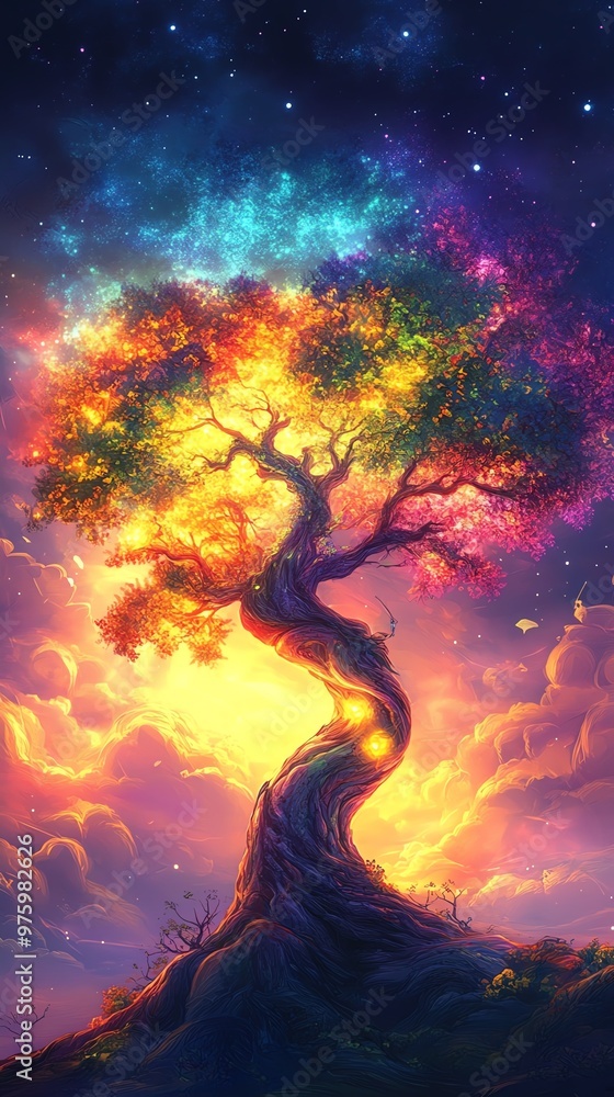 A majestic tree with vibrant, swirling leaves and a glowing trunk, set against a dreamlike sky, surrealism style, vivid colors, digitally painted for a whimsical effect A majestic tree with vibrant, swirling leaves and a glowing trunk, set against a dreamlike sky, surrealism style, vivid colors, digitally painted for a whimsical effect