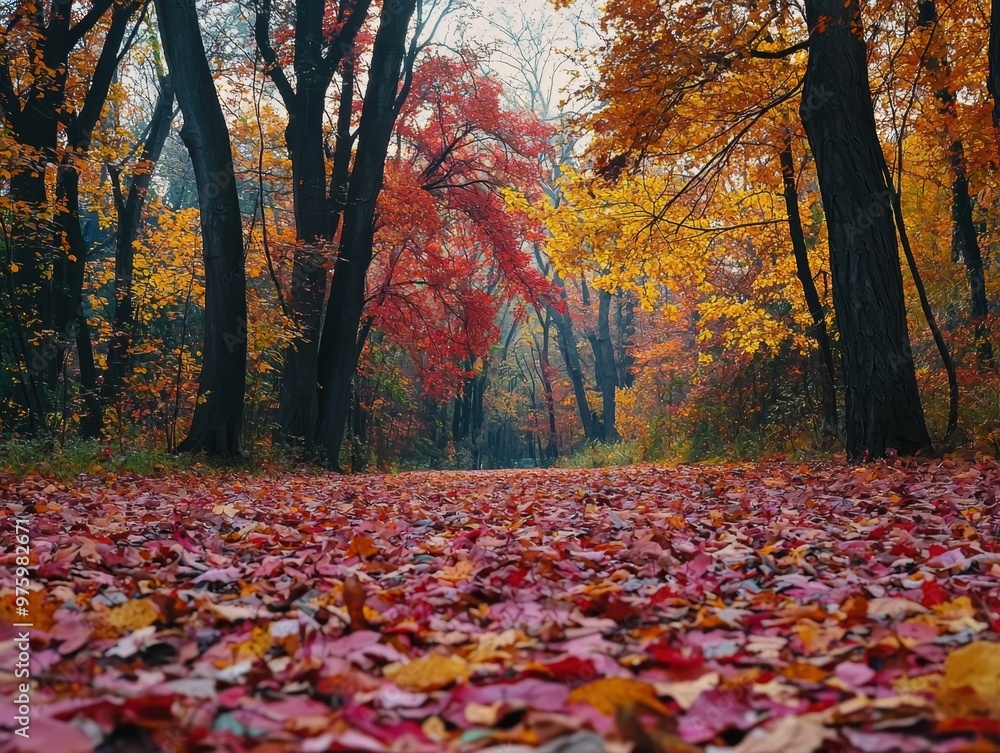 Enchanting Autumn Forest Path Carpeted in Vibrant Fall Foliage Enchanting Autumn Forest Path Carpeted in Vibrant Fall Foliage
