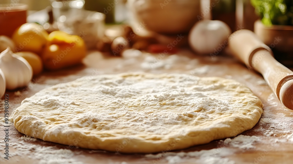 Freshly Rolled Pizza Dough on Wooden Workbench with Ample Copy Space Above Freshly Rolled Pizza Dough on Wooden Workbench with Ample Copy Space Above