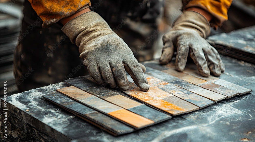 Gloved Hand Examining Slate Tiles in a Construction Setting Gloved Hand Examining Slate Tiles in a Construction Setting