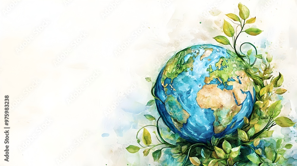 Watercolor Globe with Lush Vines Symbolizing Growth and Sustainability Watercolor Globe with Lush Vines Symbolizing Growth and Sustainability