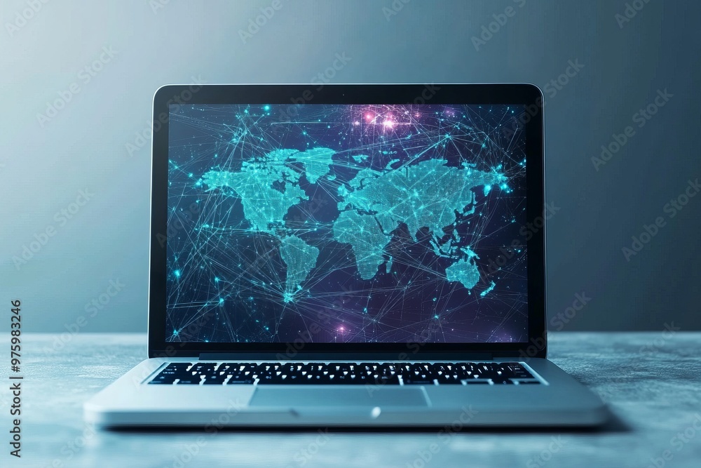Laptop displaying a digital world map with global connections