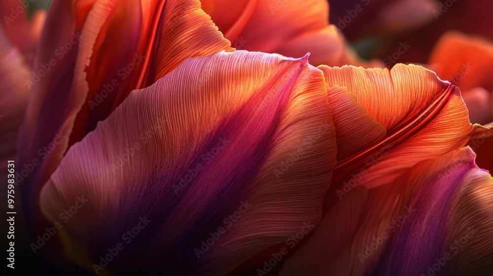 A close-up of a tulip petals unfurling, showing rich colors and delicate textures A close-up of a tulip petals unfurling, showing rich colors and delicate textures
