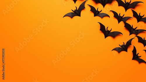 Black bats arranged on bright orange background for Halloween decor 