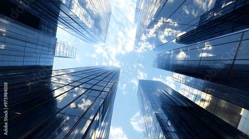 Towering Reflections:A Captivating Cityscape of Glass,Steel,and Light. This image showcases a stunning modern city skyline.