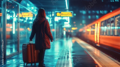 Young female traveler with a luggage at the transport stop generative Ai